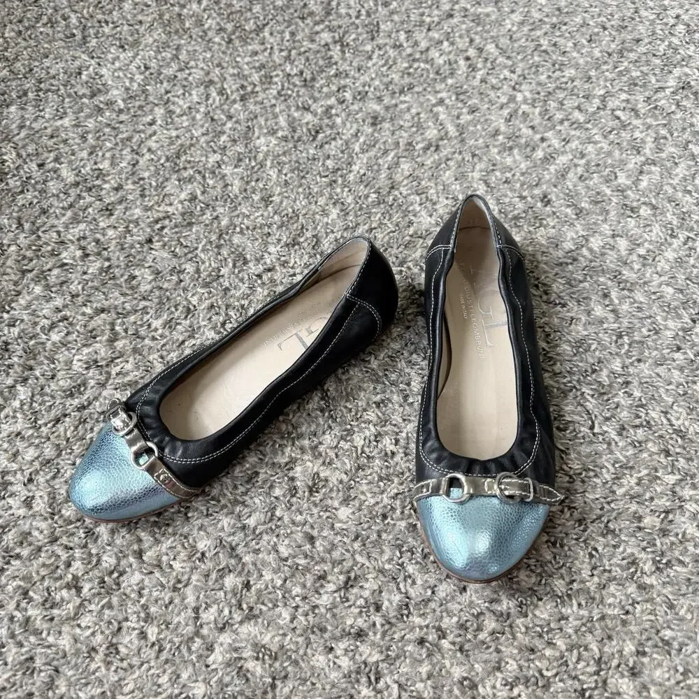 AGL Monika Cap Toe Ballet Leather Flats 38 US 8 Black Blue Accent Slip On Shoe